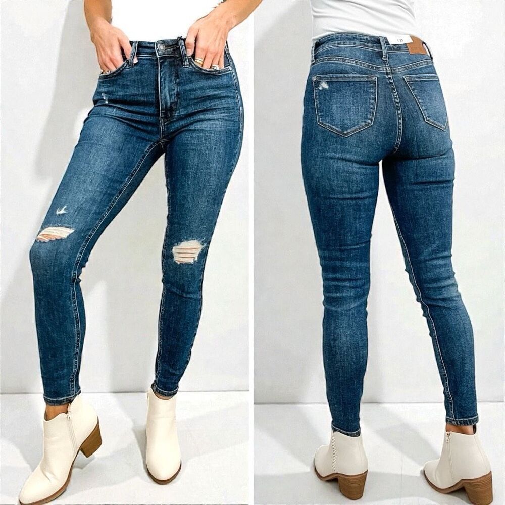 Judy Blue Mid Rise Distressed Slim Stretch Skinny Jeans Dark Wash – NWT